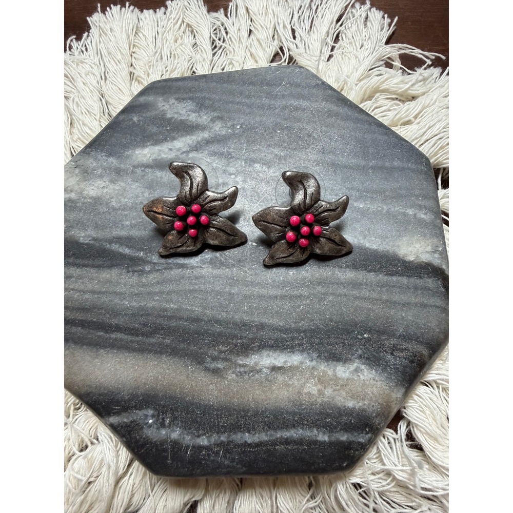 Chico's Flower Stud Earrings Pink Beaded Petals Silver Tone